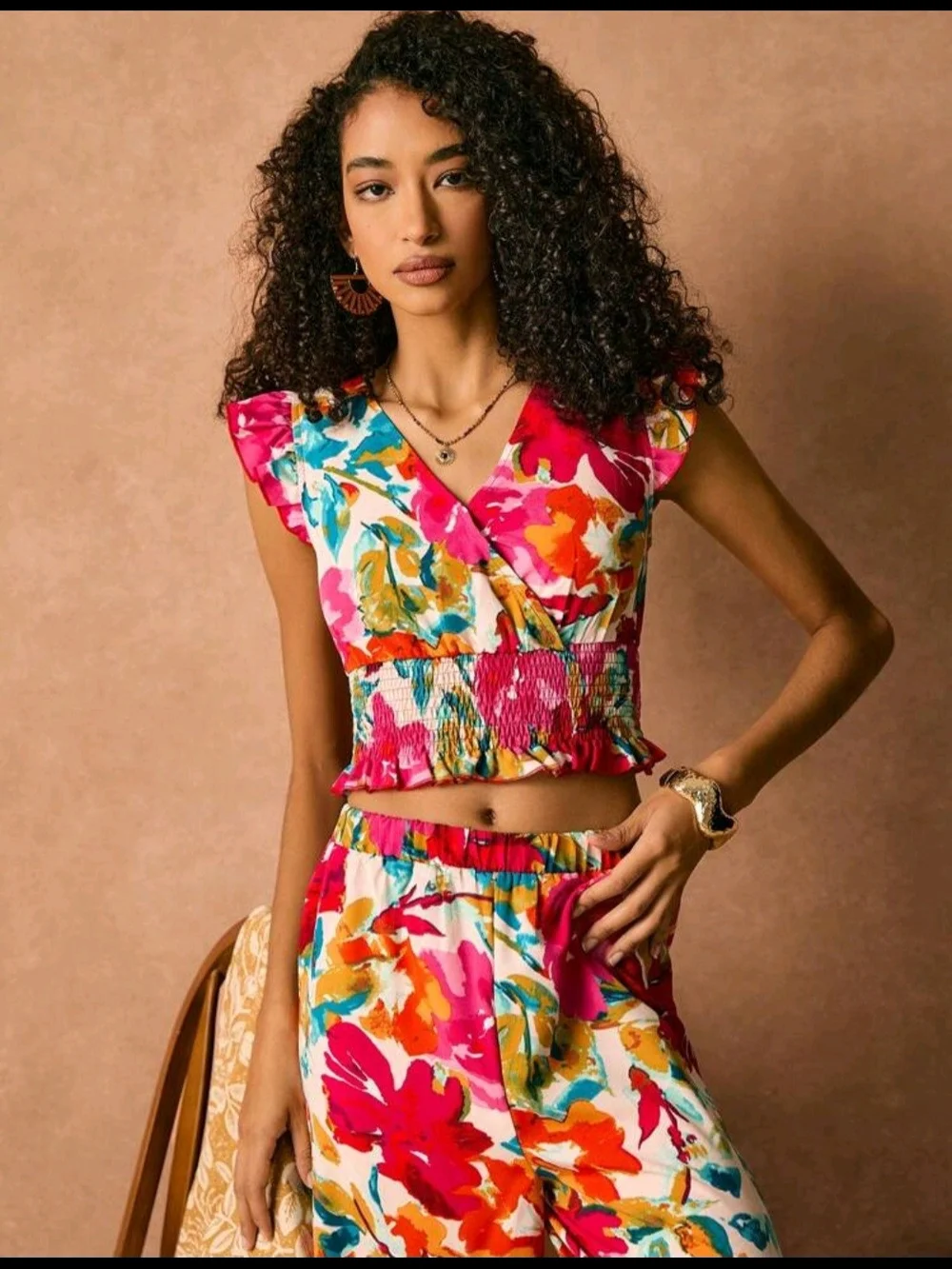 SHEIN Pink Multi Floral Wide-Leg Pants & Smocked Crop Top Set